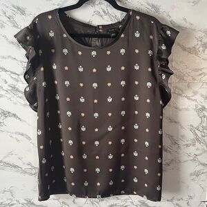 Ann Taylor Factory Gray Print Blouse with Ruffled Sleeves